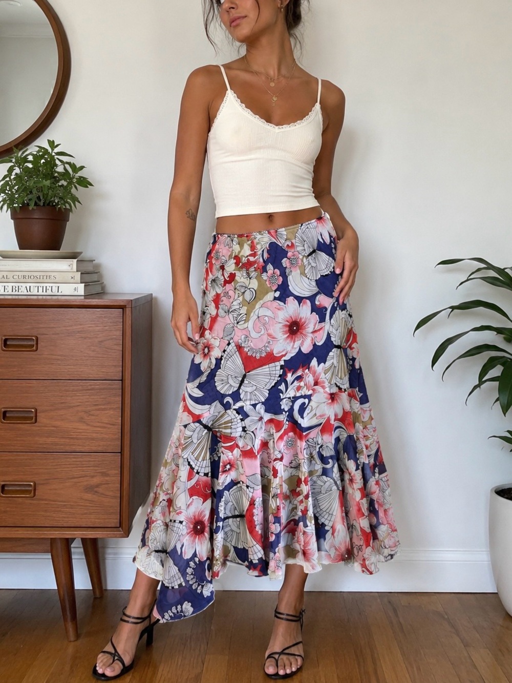 Vintage Y2K Floral Butterfly Tiered Midi Skirt Navy Pink Feminine Boho Flowy